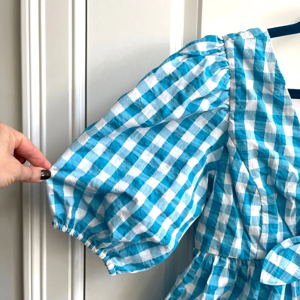 Lilly Pulitzer Sarafina Top Womens 2 Turquoise Gingham‎ Puff Sleeve Smocked NWT